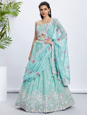 Turquoise Silk Chiffon Embroidered Premium Wedding Lehenga small FABLE20387
