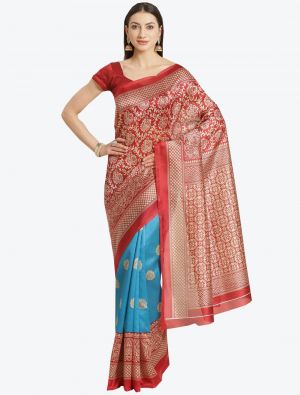 Blue and Red Bhagalpuri Art Silk Designer Saree small FABSA20872