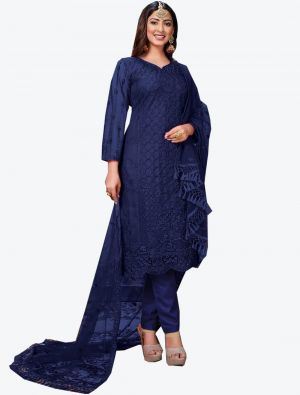 Dark Blue Net Semi Stitched Designer Suit with Dupatta small FABSL20300