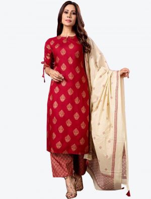 Dark Red Liva Rayon Readymade Suit with Dupatta small FABSL20303