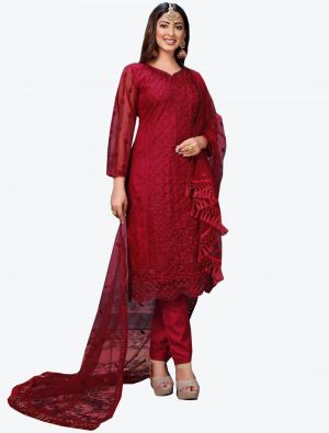 Dark Red Net Semi Stitched Designer Suit with Dupatta small FABSL20301