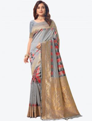 Light Grey Banarasi Pure Silk Designer Saree small FABSA20920