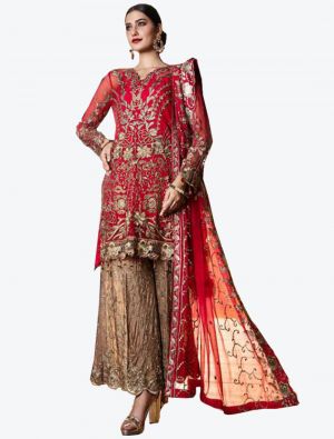 Red Faux Georgette Semi Stitched Plazzo Suit with Dupatta small FABSL20360