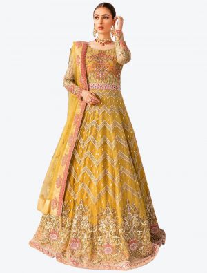 Yellow Butterfly Net Semi Stitched Floor Length Suit with Dupatta small FABSL20334