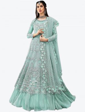 Sky Blue Embroidered Net Semi Stitched Floor Length Suit with Dupatta small FABSL20364