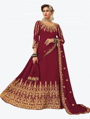 Maroon Embroidered Pure Georgette Anarkali Floor Length Suit with Dupatta small FABSL20438
