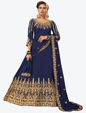 Navy Blue Embroidered Pure Georgette Anarkali Floor Length Suit with Dupatta small FABSL20437