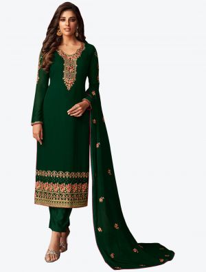 Bottle Green Faux Georgette Straight Suit with Embroidered Stone Work small FABSL20508