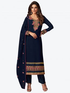 Navy Blue Faux Georgette Straight Suit with Embroidered Stone Work small FABSL20509