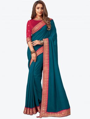 Teal Blue Embroidered Fancy Designer Saree small FABSA21085