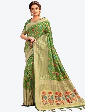 Bright Green Embroidered Zalar Work Banarasi Silk Designer Saree small FABSA21127