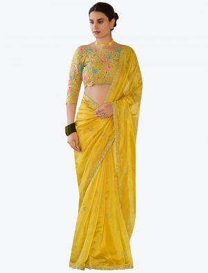 Bright Yellow Premium Organza Festive Wear Designer Saree small FABSA21208