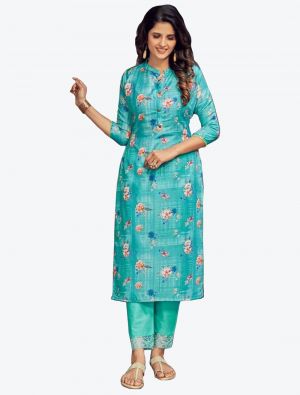 bright turquoise modal muslin digital printed kurti with pant fabku20479
