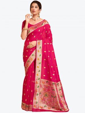 Hot Pink Banarasi Soft Silk Festive Wear Designer Saree small FABSA21392