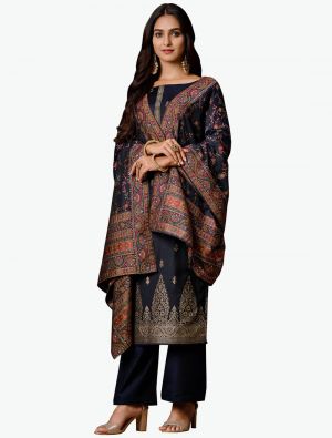 Navy Blue Jacquard Silk Designer Straight Suit with Dupatta small FABSL20683