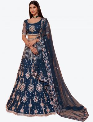 Prussian Blue Soft Net Wedding Wear Heavy Designer Lehenga Choli small FABLE20206