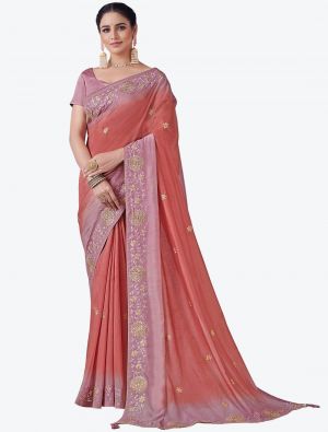 Rose Gold Embroidered Viscose Silk Party Wear Designer Saree small FABSA21374