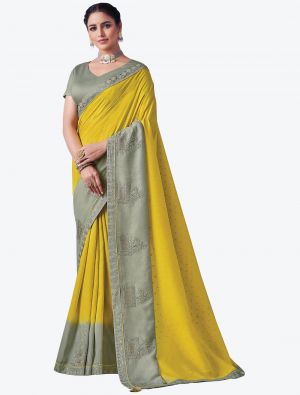 Warm Yellow Embroidered Viscose Silk Party Wear Designer Saree small FABSA21367