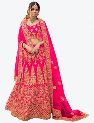 Neon Pink Premium Satin Wedding Wear Heavy Designer Lehenga Choli small FABLE20233