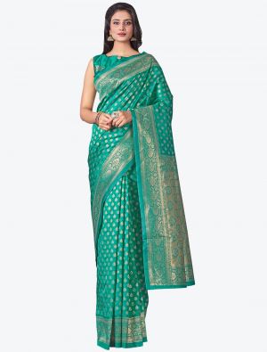 Teal Green Soft Lichi Silk Festive Wear Designer Saree small FABSA21441