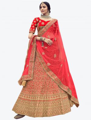 Vibrant Red Premium Satin Wedding Wear Heavy Designer Lehenga Choli small FABLE20242