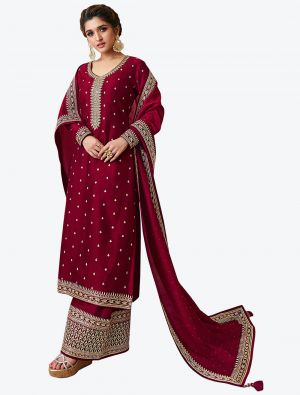Deep Maroon Heavy Blooming Vichitra Designer Palazzo Suit small FABSL20738