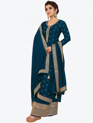 Rama Blue Heavy Blooming Vichitra Designer Palazzo Suit small FABSL20732
