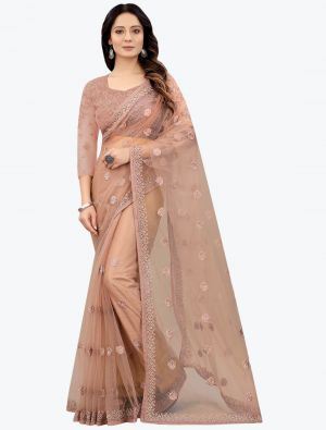 Beige Embroidered Net Gorgeous Party Wear Designer Saree small FABSA21671