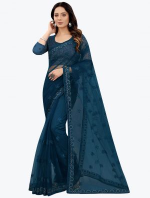 Blue Embroidered Net Gorgeous Party Wear Designer Saree small FABSA21667
