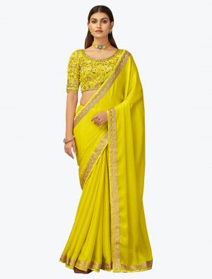 Perfect Yellow Premium Chinon Silk Party Wear Designer Saree small FABSA21771