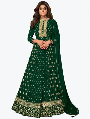 Bottle Green Pure Georgette Embroidered Anarkali Floor Length Suit small FABSL21047