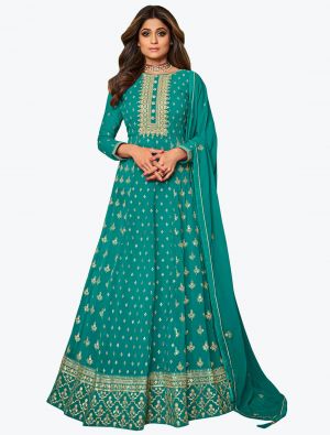 Light Sea Green Pure Georgette Embroidered Anarkali Floor Length Suit small FABSL21044