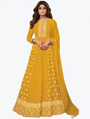 Mustard yellow Pure Georgette Embroidered Anarkali Floor Length Suit small FABSL21045
