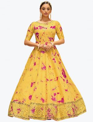 rich yellow premium cotton semi stitched party wear anarkali gown   small fabgo20142