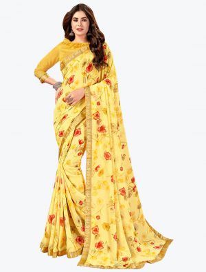 Sunflower Yellow Malai Soft Printed Saree With Border small FABSA21788