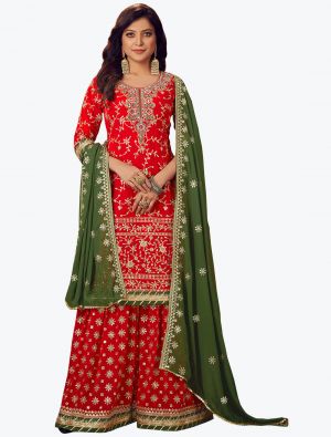 Bright Red Faux Georgette Embroidered Designer Palazzo Suit small FABSL21075