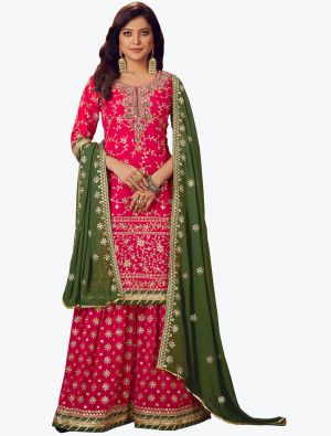 Deep Pink Faux Georgette Embroidered Designer Palazzo Suit small FABSL21077