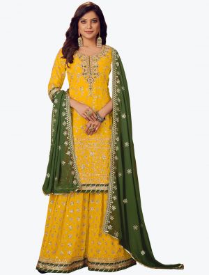 Sunny Yellow Faux Georgette Embroidered Designer Palazzo Suit small FABSL21074