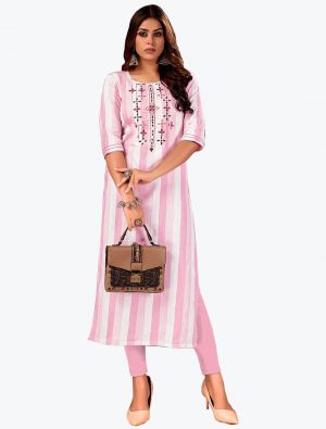 light pink pure cotton kurti with hand embroidery work fabku20686