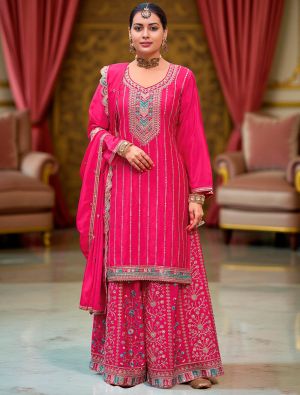 Vibrant Pink Chinon Ready To Wear Palazzo Suit FABSL22293