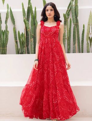 vibrant red georgette digital printed flared gown   fabgo20382
