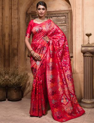 Vibrant Red Rich Banarasi Silk Saree With Woven Zari