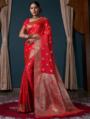 Vivid Red Satin Silk Premium Saree With Zari Work