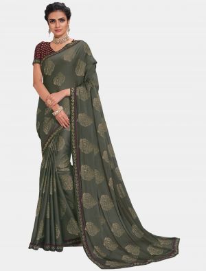 Olive Chiffon Dyed Gold Foil fabric Designer Saree small FABSA20691