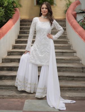 White Georgette Stylish Readymade Sharara Suit FABSL21992