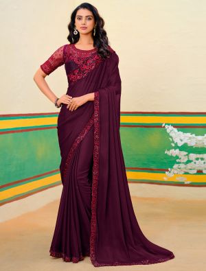 Wine Fancy Georgette Embroidered Saree With Zari Weaves