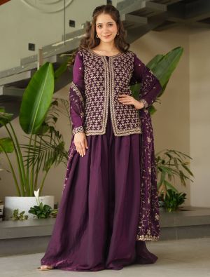 Wine Fendy Silk Embroidered Ready To Wear Palazzo Suit FABSL22223