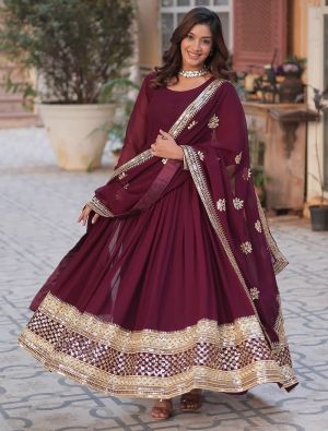 wine georgette anarkali gown with dupatta fabgo20353