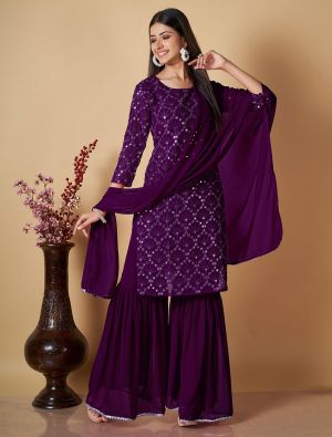 Wine Georgette Readymade Sharara Suit With Mirror Work FABSL21742