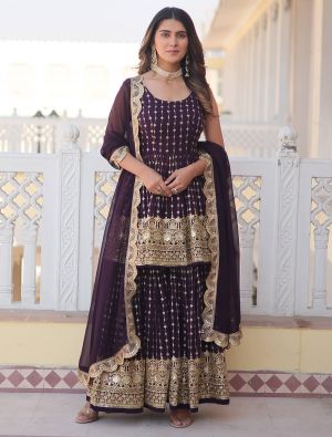Wine Georgette Readymade Sharara Suit With Zari Work FABSL21791